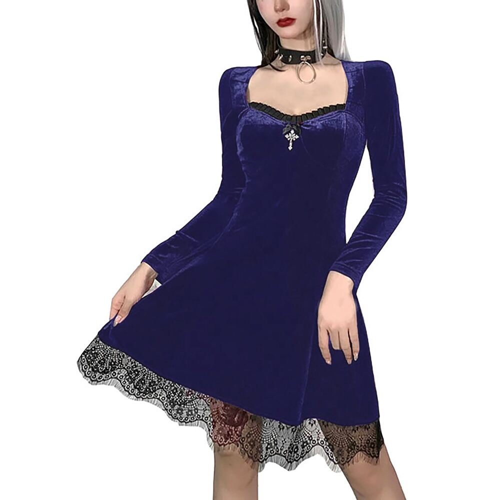 7506 Gothic Plus Size Dress - Emo Alt Fairy Velvet A Line Dress - Vintage